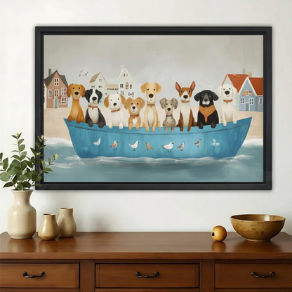 Whimsical Dog Noah’s Ark – Playful Nautical Pet Wall Art on Natural Wood Canvas