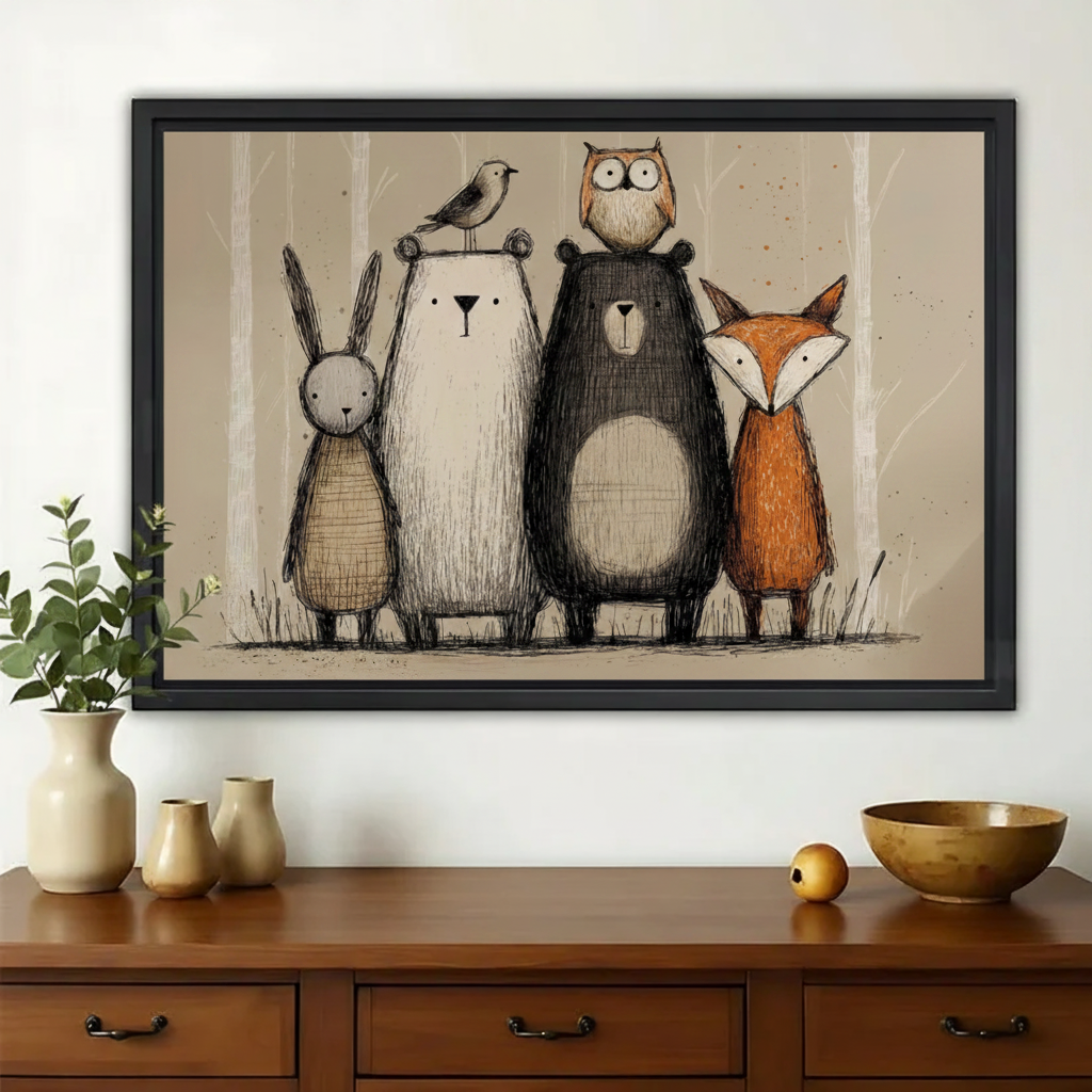 Woodland Animal Friends Wall Art – Whimsical Forest Creatures Canvas Print on Natural Wood Frame