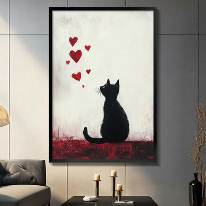 Black Cat Red Hearts Romantic Canvas Wall Art