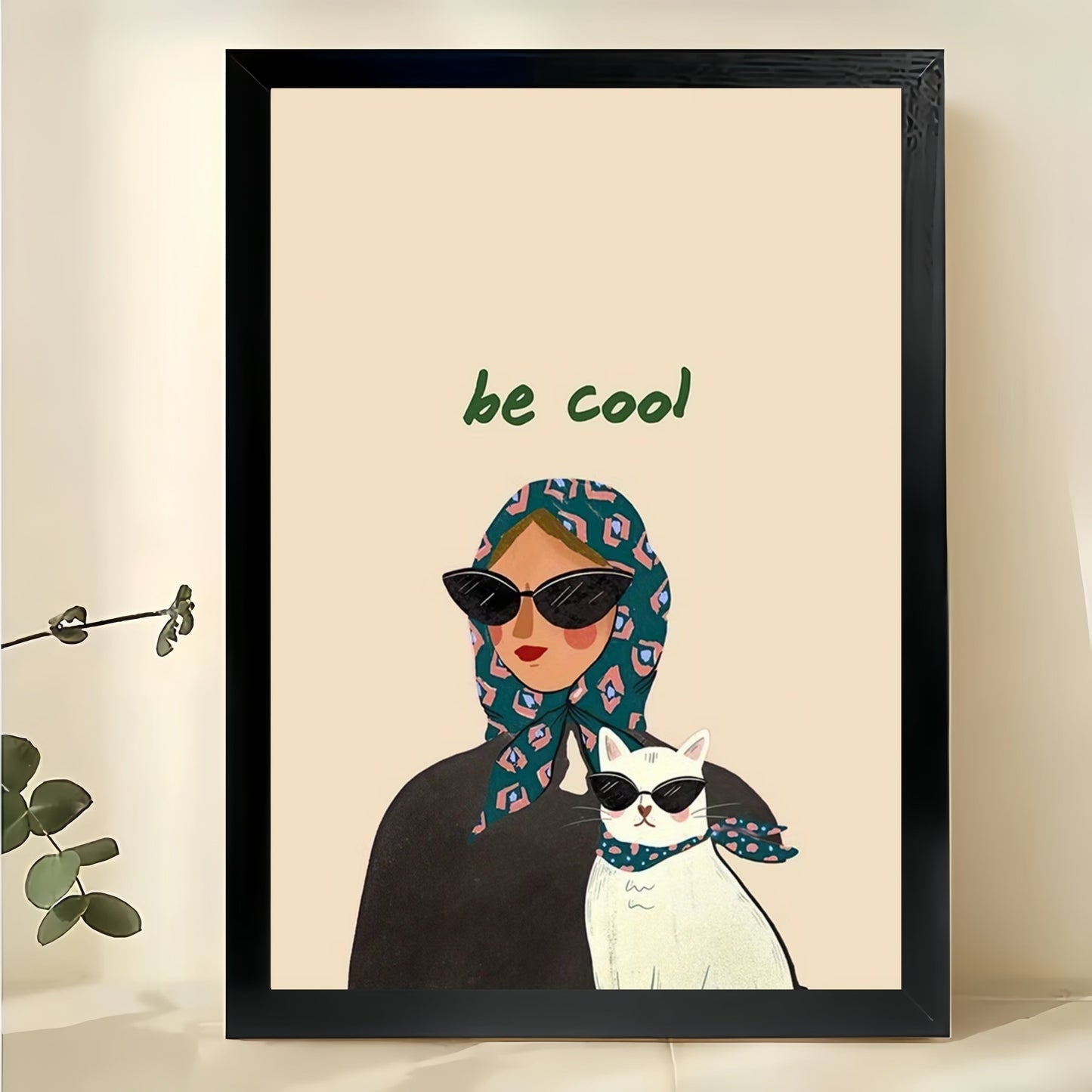 Be Cool Woman with Cool Cat – Modern Retro Fashion Wall Art on Natural Wood Canvas