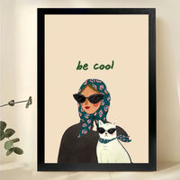 Be Cool Woman with Cool Cat – Modern Retro Fashion Wall Art on Natural Wood Canvas