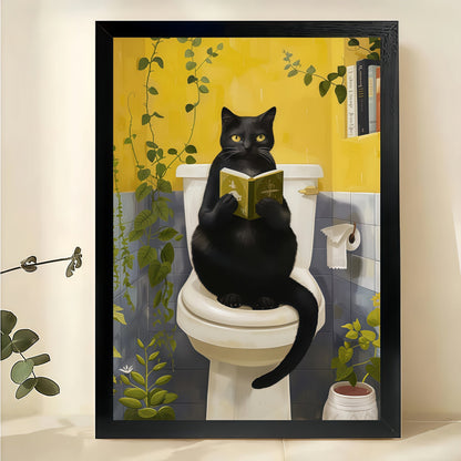 Black Cat Reading on Toilet Wall Art – Funny Bathroom Cat Canvas Print on Natural Wood Frame