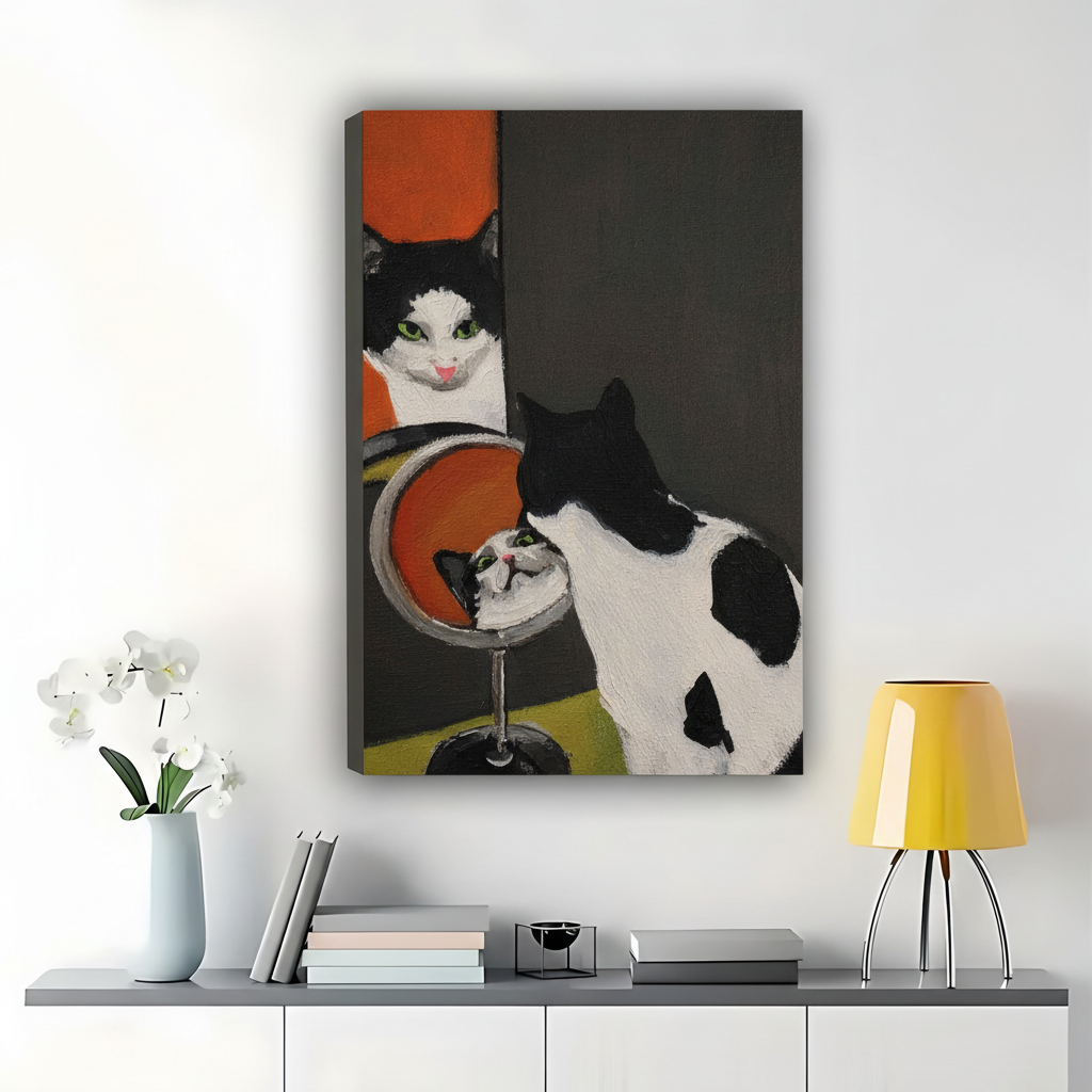 Tuxedo Cat Mirror Reflection Art Print – Whimsical Black White Cat Canvas Wall Decor