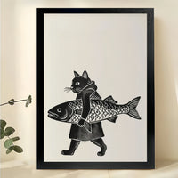 Black Cat Carrying Big Fish – Whimsical Vintage Wall Art on Natural Wood Canvas