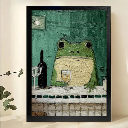 Vintage Frog at Bar Wall Art – Whimsical Frog with Wine Canvas Print on Natural Wood Frame