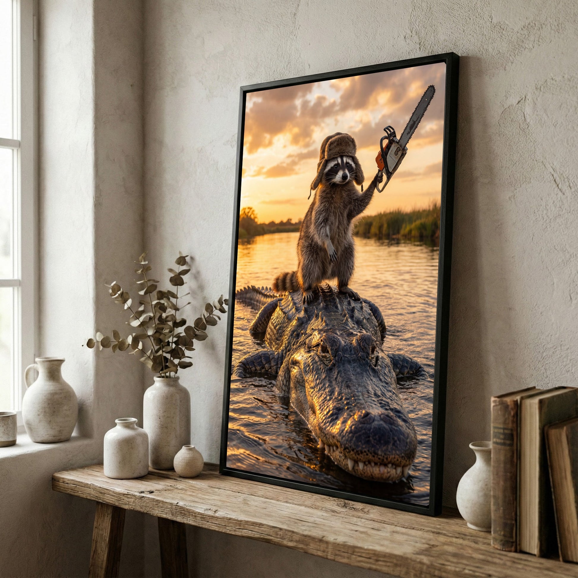 Raccoon Riding Alligator Holding Chainsaw at Sunset Canvas Wall Art