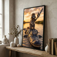Raccoon Riding Alligator Holding Chainsaw at Sunset Canvas Wall Art