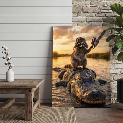 Raccoon Riding Alligator Holding Chainsaw at Sunset Canvas Wall Art
