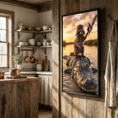 Raccoon Riding Alligator Holding Chainsaw at Sunset Canvas Wall Art