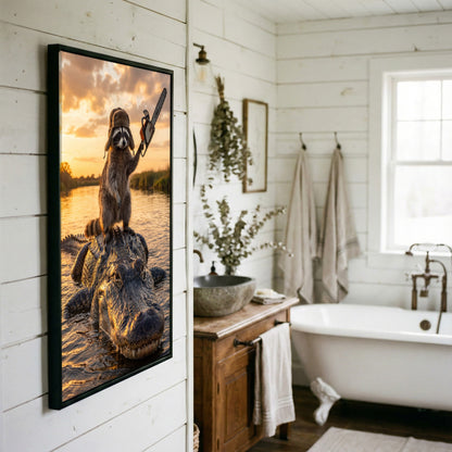 Raccoon Riding Alligator Holding Chainsaw at Sunset Canvas Wall Art