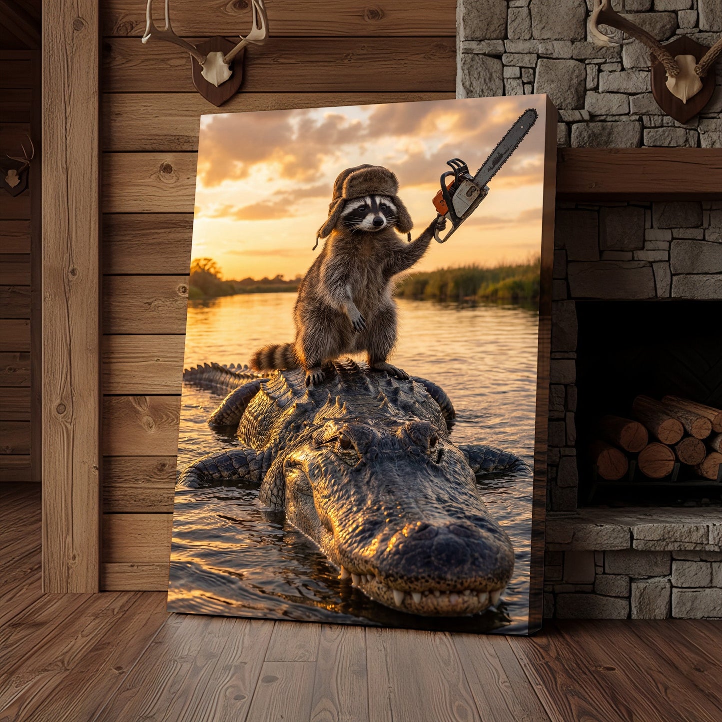 Raccoon Riding Alligator Holding Chainsaw at Sunset Canvas Wall Art