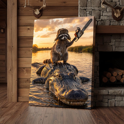 Raccoon Riding Alligator Holding Chainsaw at Sunset Canvas Wall Art