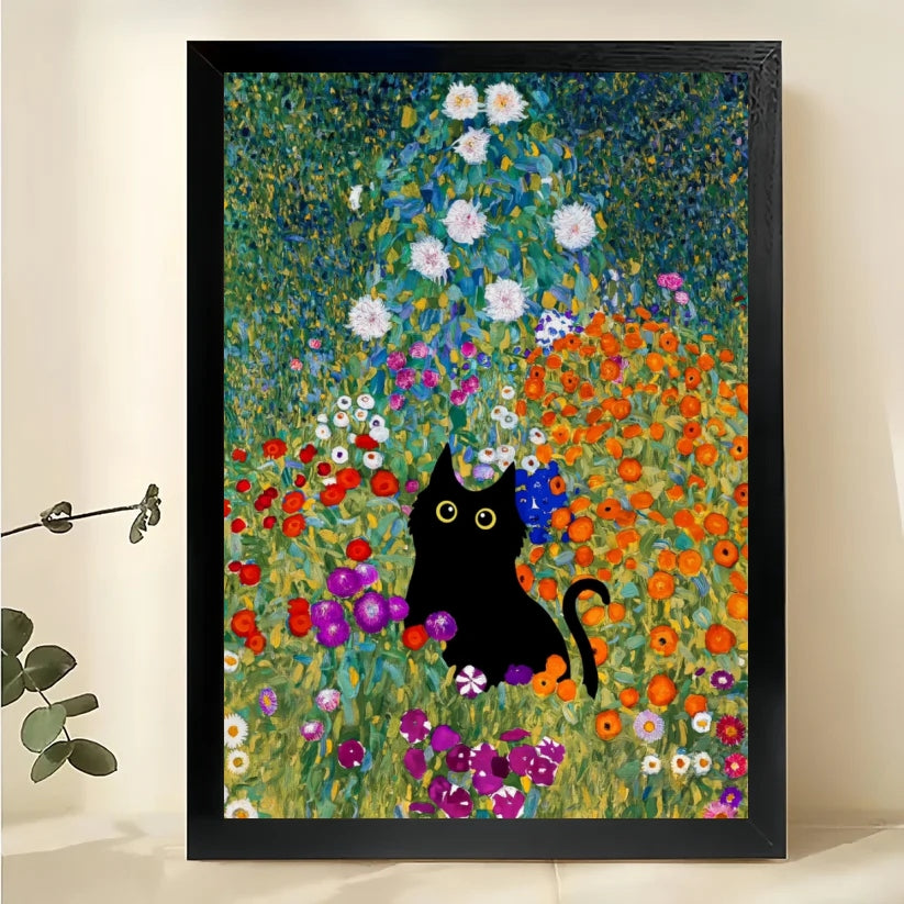 Black Cat in Flower Field – Klimt-Inspired Vintage Wall Art on Natural Wood Canvas