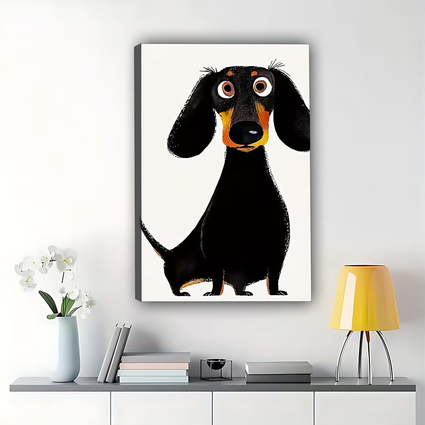 The Playful Cartoon Dachshund – Quirky Black Dog Wall Art on Natural Wood Grain Canvas