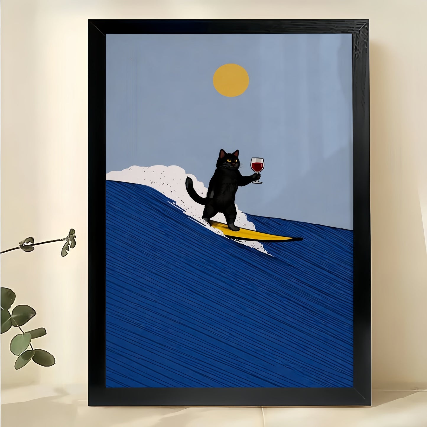 Surfing Black Cat on Ocean Wave – Playful Beach-Themed Wall Art on Natural Wood Canvas