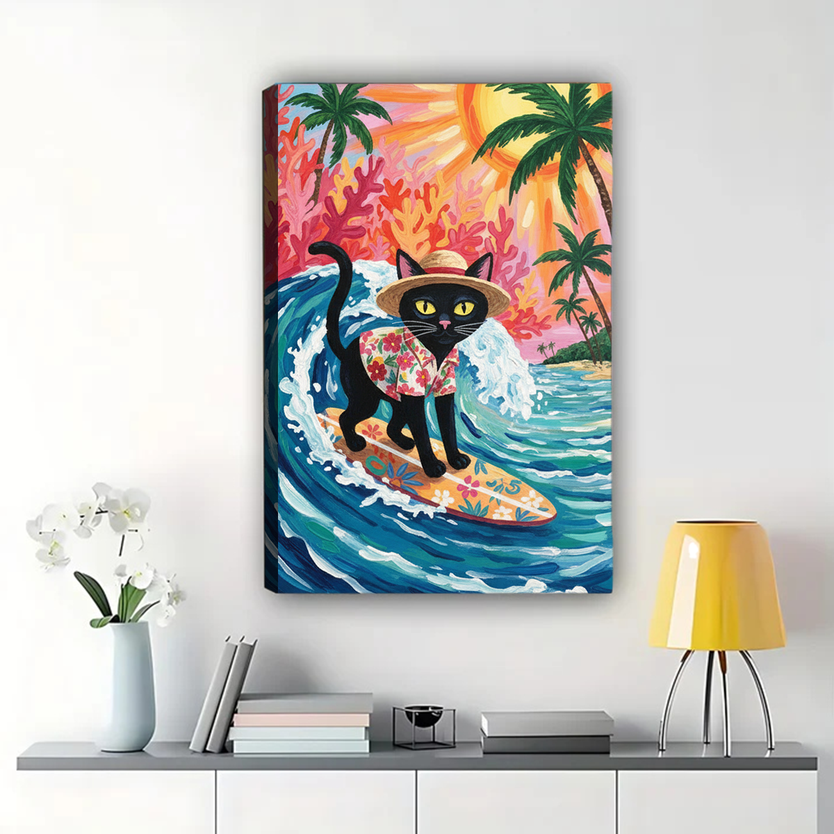 Surfing Cat Art - Tropical Beach Paradise Wall Decor Canvas Wall Art