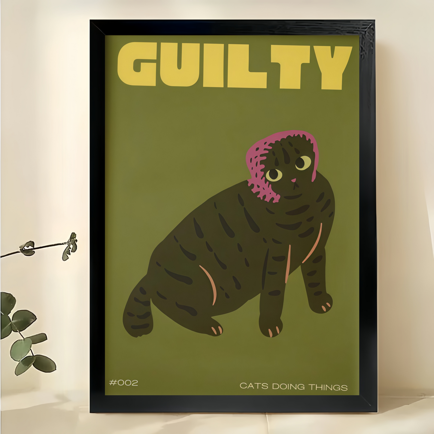 Guilty Cat – Funny Retro Pet Illustration Wall Art on Natural Wood Canvas