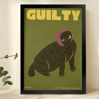 Guilty Cat – Funny Retro Pet Illustration Wall Art on Natural Wood Canvas