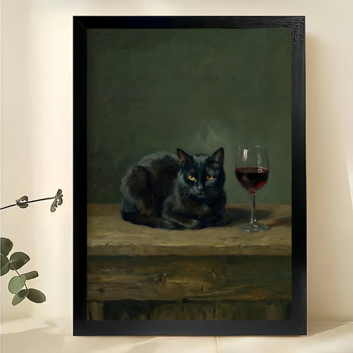 Vintage Style Black Cat with Wine Glass – Classic Oil Painting Wall Art on Natural Wood Canvas
