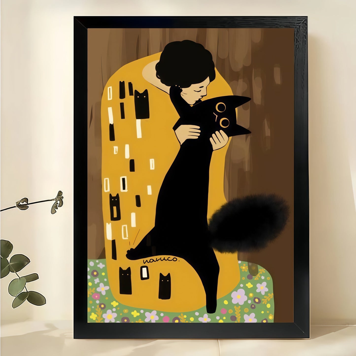 Gustav Klimt Cat – Art Nouveau Black Cat Wall Art on Natural Wood Canvas