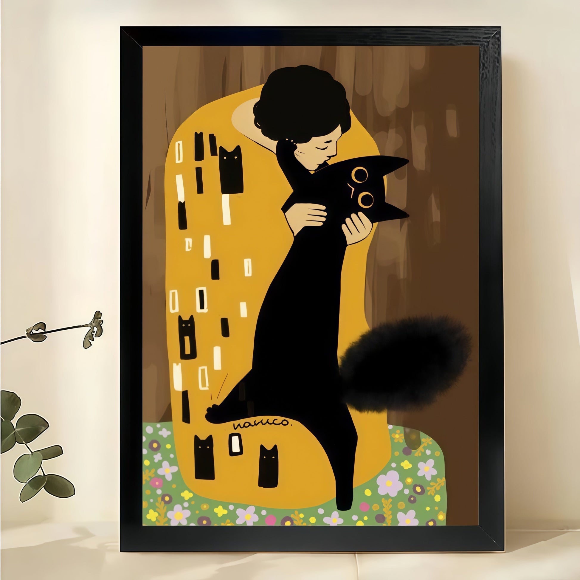 Gustav Klimt Cat – Art Nouveau Black Cat Wall Art on Natural Wood Canvas