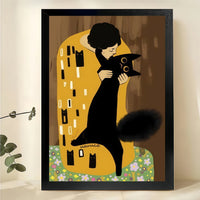 Gustav Klimt Cat – Art Nouveau Black Cat Wall Art on Natural Wood Canvas