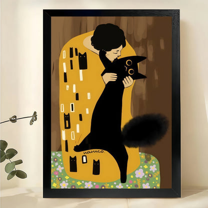 Gustav Klimt Cat – Art Nouveau Black Cat Wall Art on Natural Wood Canvas