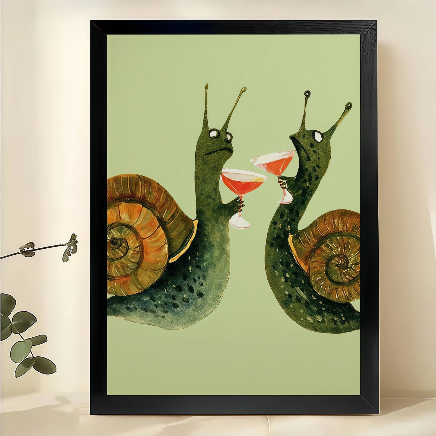 Snails Toasting with Wine Wall Art – Cute Whimsical Snail Couple Canvas Print on Natural Wood Frame