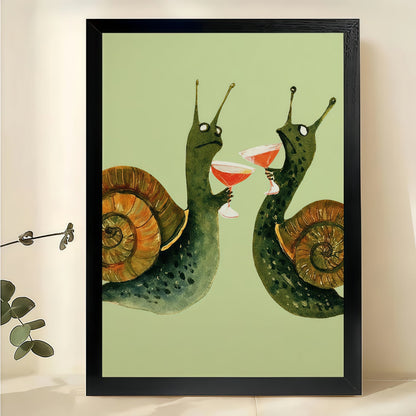 Snails Toasting with Wine Wall Art – Cute Whimsical Snail Couple Canvas Print on Natural Wood Frame