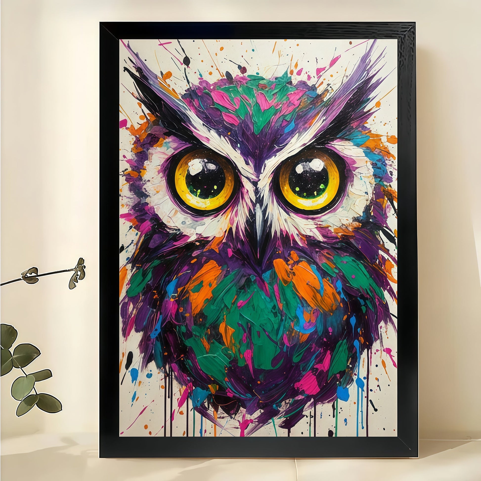 The Abstract Colorful Owl – Pop Art Modern Wall Art on Natural Wood Canvas