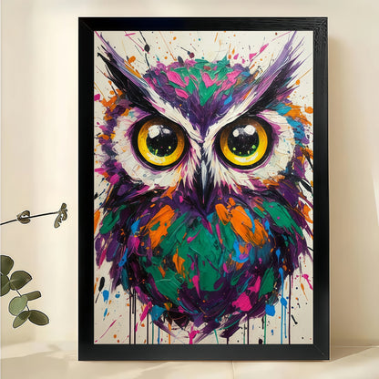 The Abstract Colorful Owl – Pop Art Modern Wall Art on Natural Wood Canvas