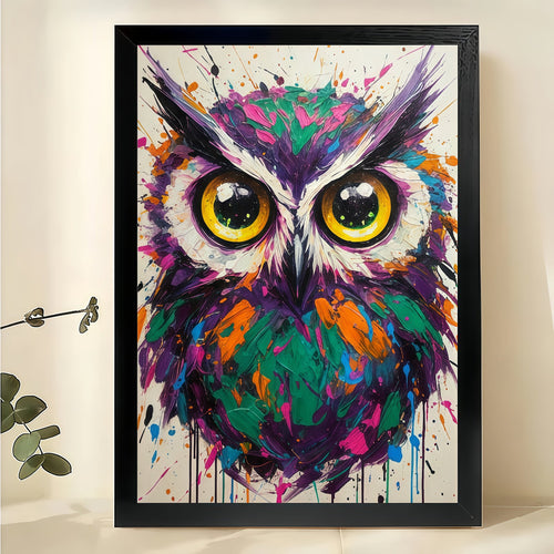 The Abstract Colorful Owl – Pop Art Modern Wall Art on Natural Wood Canvas