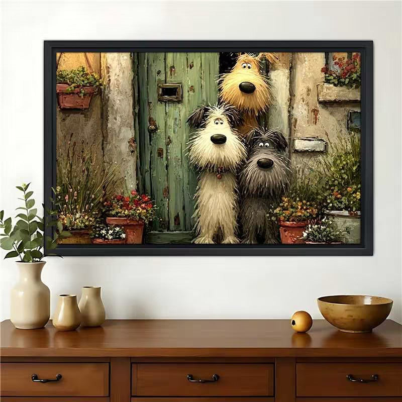 Three Dogs at Cottage Door – Whimsical Vintage Town Illustration Wall Art on Natural Wood Canvas