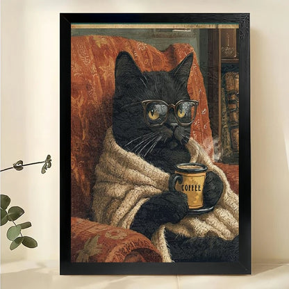 “I Drink Coffee and I Know Things” Retro Black Cat – Humorous Poster Wall Art on Natural Wood Canvas