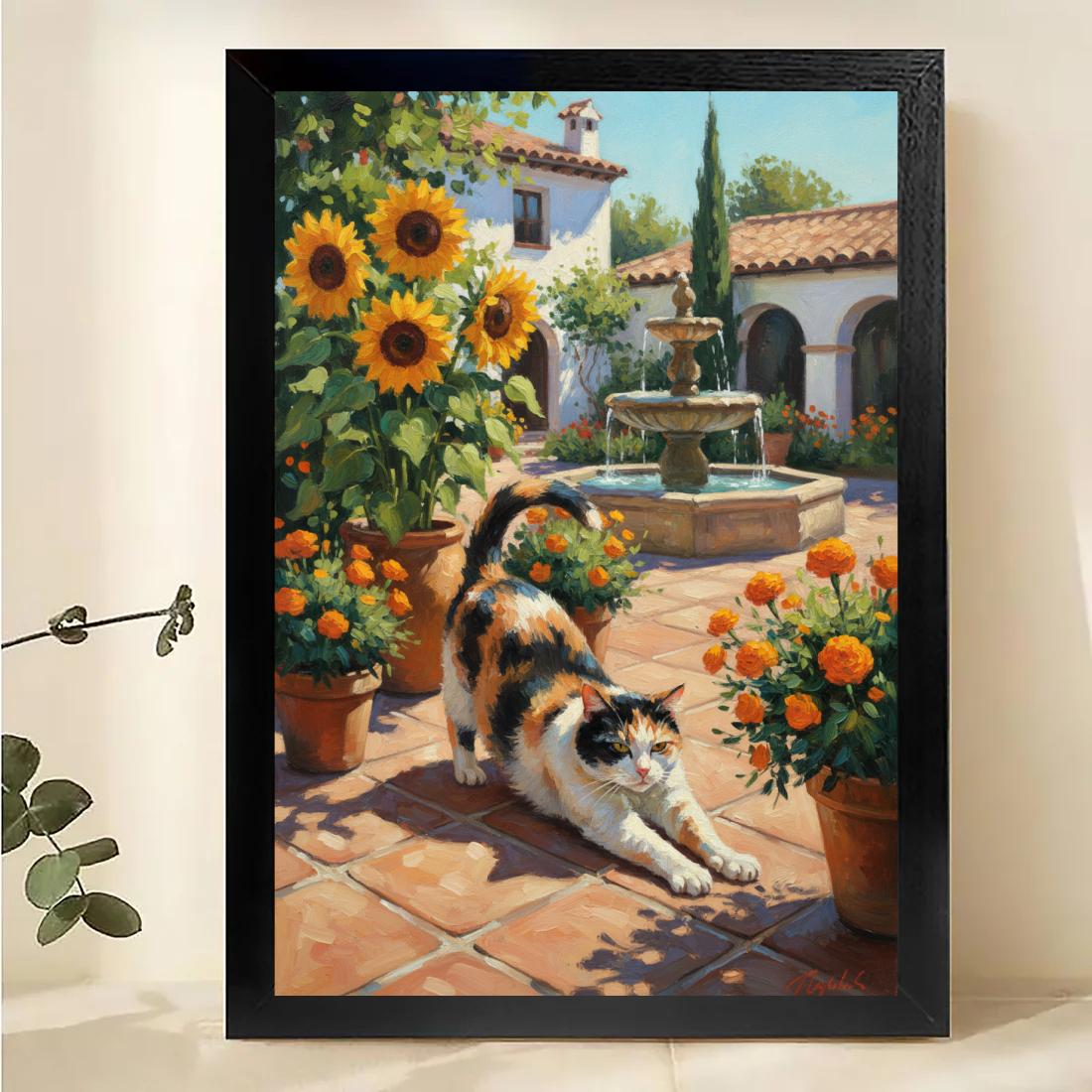 Cat in Mediterranean Courtyard Wall Art - Tuscan Garden Print