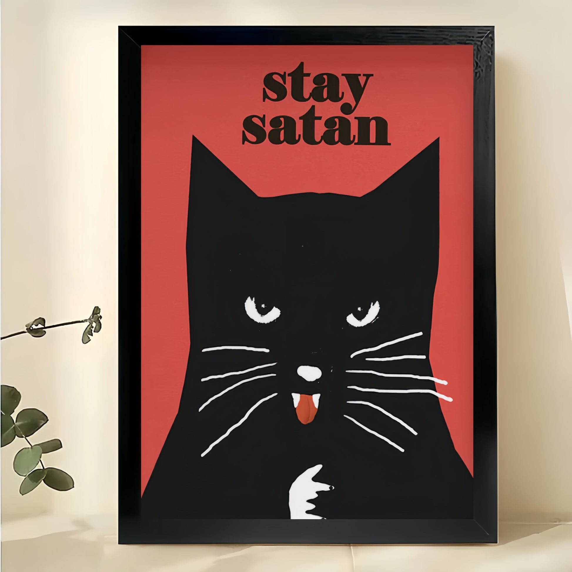 Stay Satan Sassy Black Cat – Retro Humorous Wall Art on Natural Wood Canvas