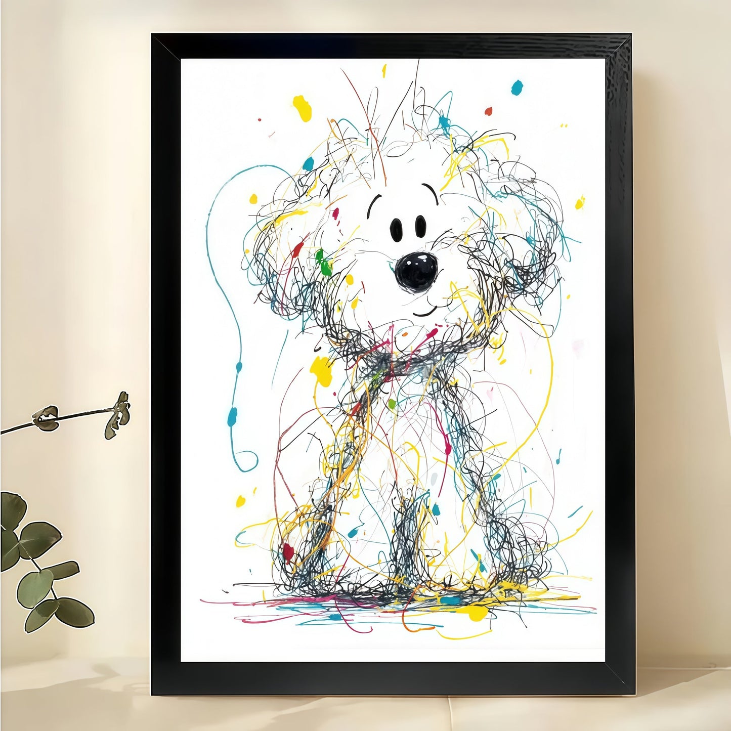 Colorful Scribble Style Curious White Dog – Playful Abstract Wall Art on Natural Wood Canvas