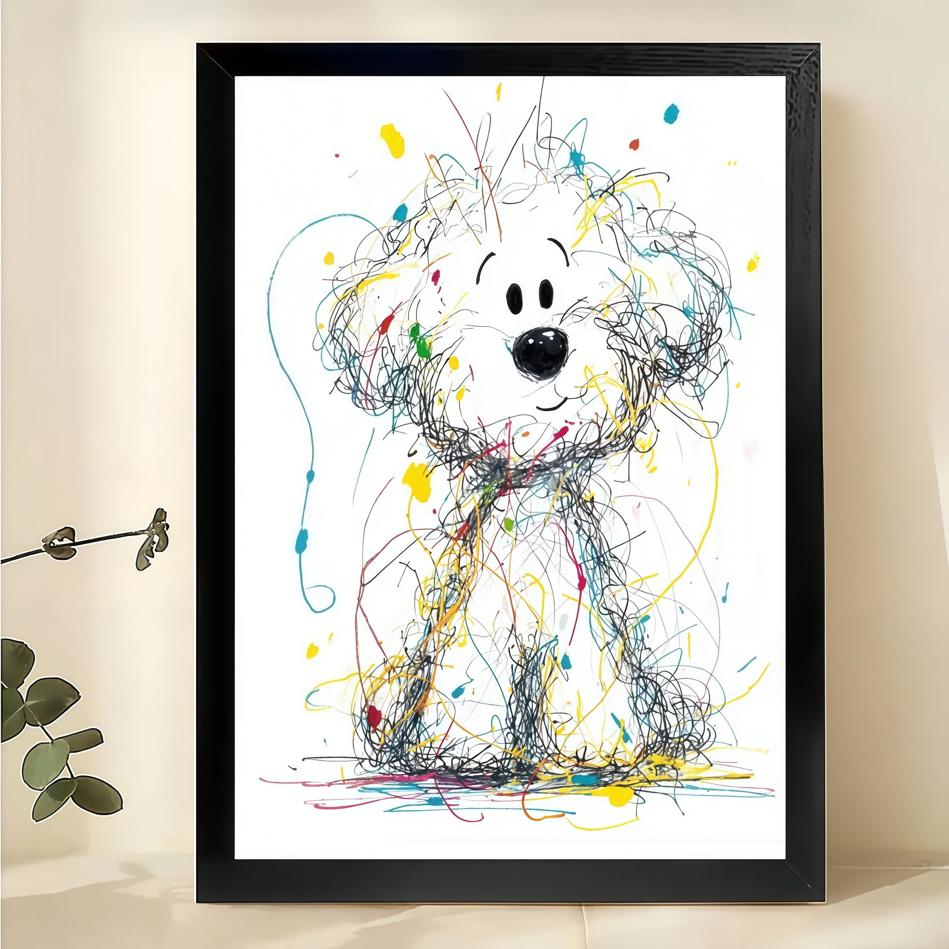 Colorful Scribble Style Curious White Dog – Playful Abstract Wall Art on Natural Wood Canvas