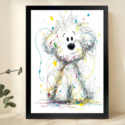Colorful Scribble Style Curious White Dog – Playful Abstract Wall Art on Natural Wood Canvas