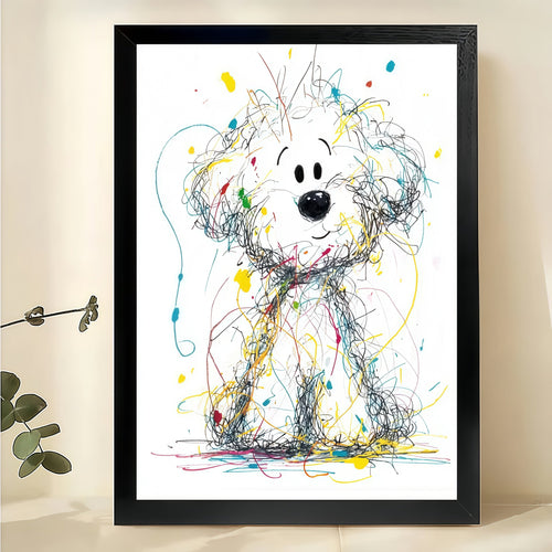 Colorful Scribble Style Curious White Dog – Playful Abstract Wall Art on Natural Wood Canvas