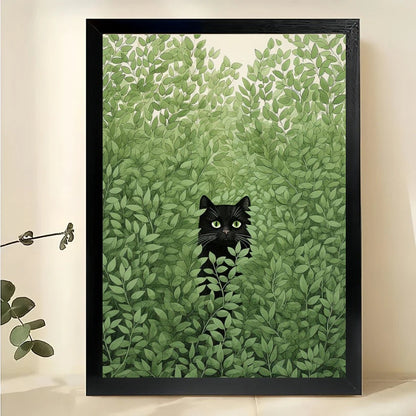 Black Cat Peeking Through Green Foliage – Minimalist Nature Wall Art on Natural Wood Canvas