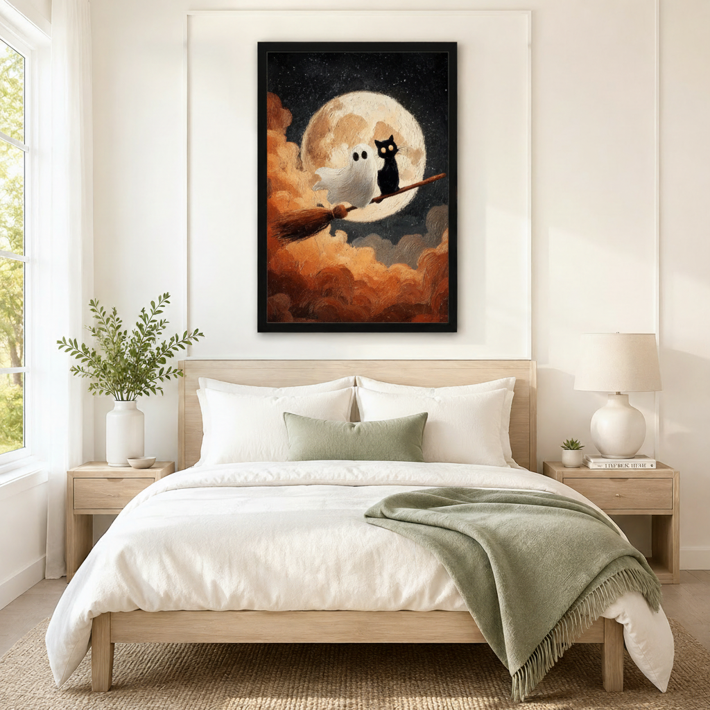 Black Cat Ghost Moonlit Halloween Canvas Wall Art