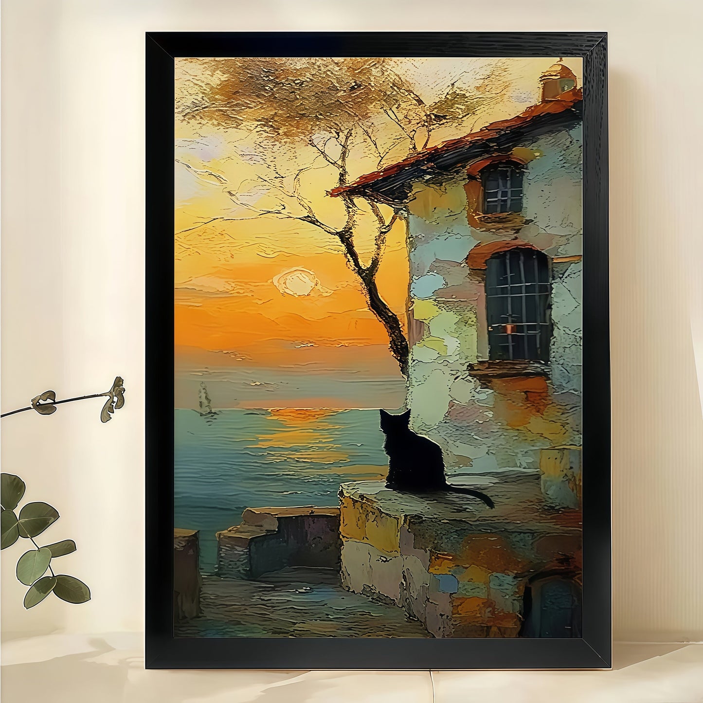 Black Cat on Coastal Town Sunset – Vintage Whimsical Wall Art on Natural Wood Canvas