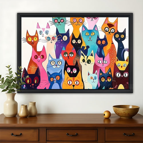 The Vibrant Stacked Cat Crew – Playful Pop Art Wall Art on Natural Wood Canvas