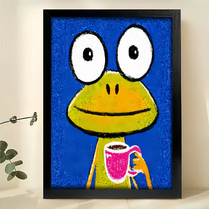 Playful Cartoon Mini Illustration – Cheerful Tiny Wall Art on Natural Wood Canvas