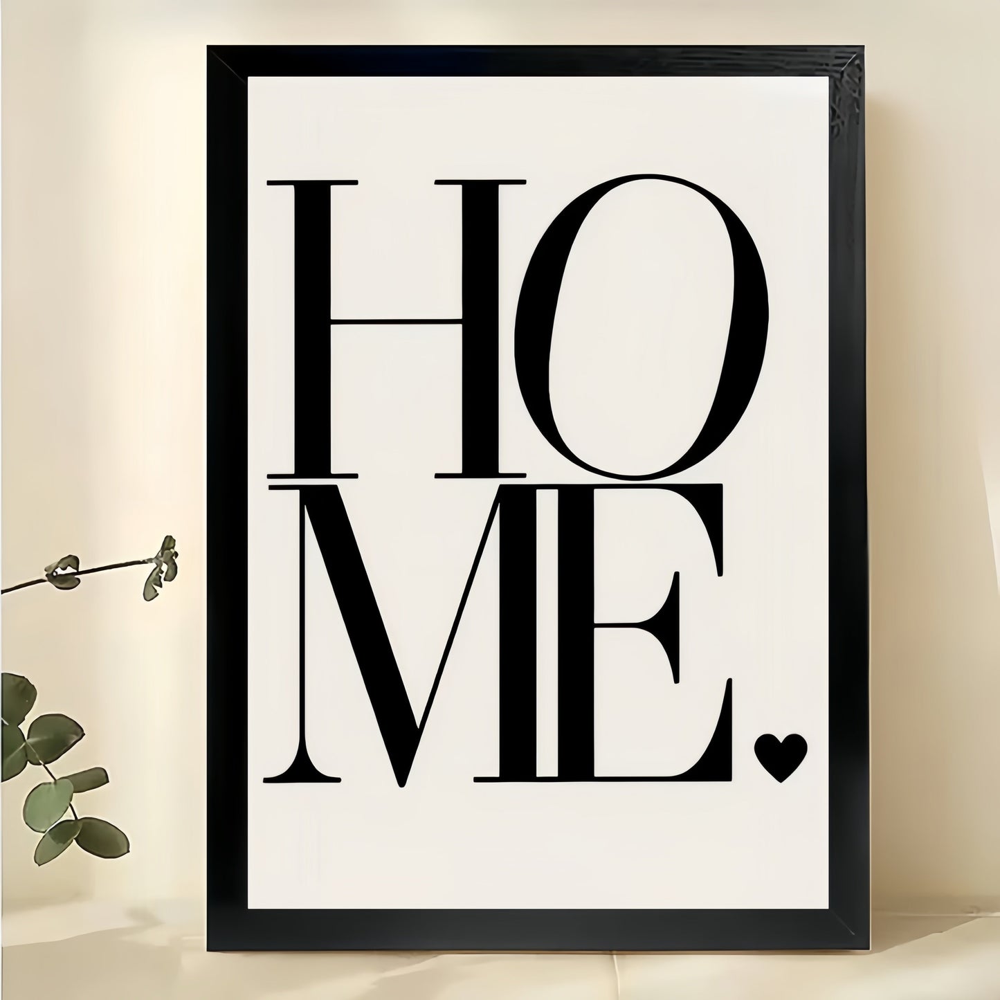 HOME Bold Typography – Modern Minimalist Heart Wall Art on Natural Wood Canvas