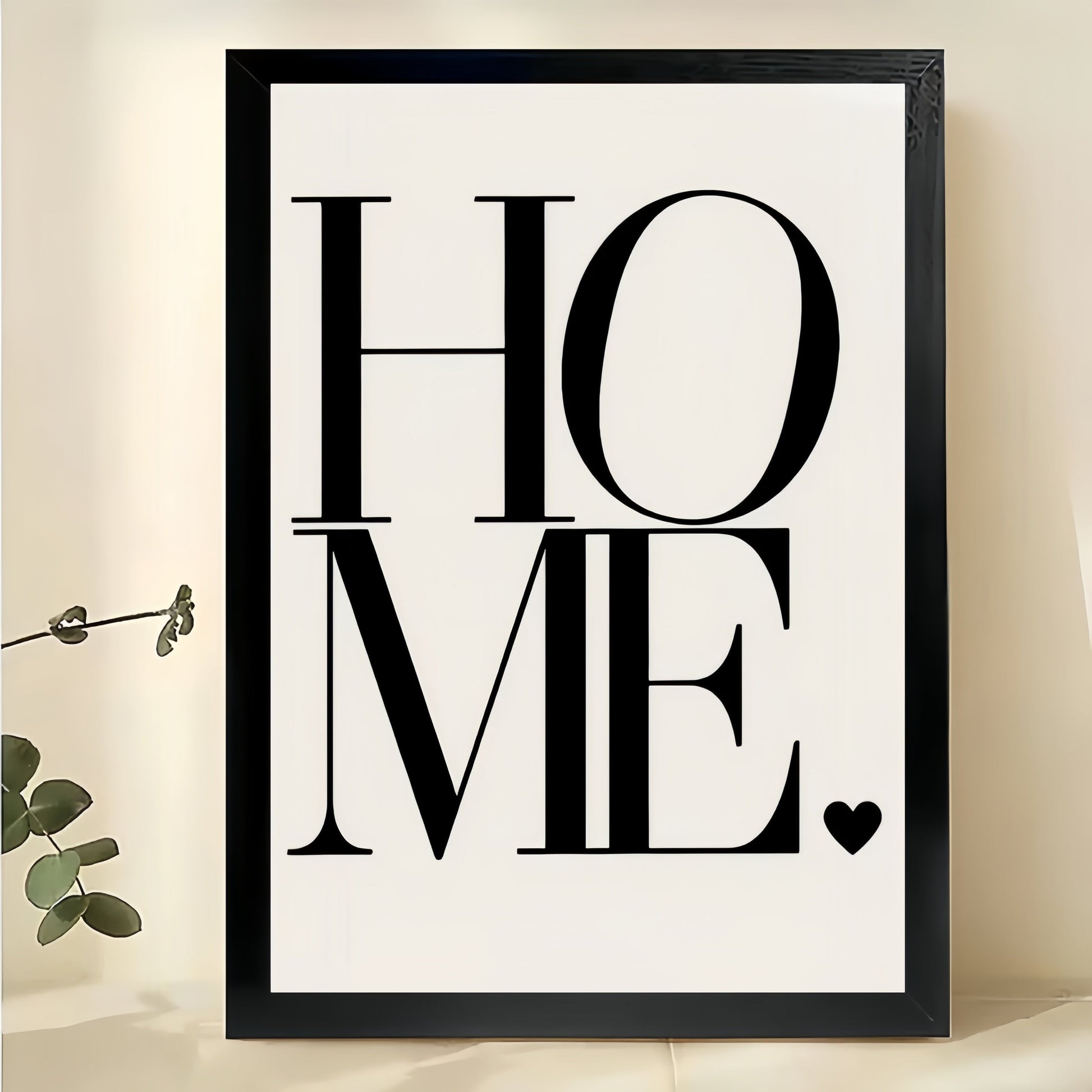 HOME Bold Typography – Modern Minimalist Heart Wall Art on Natural Wood Canvas