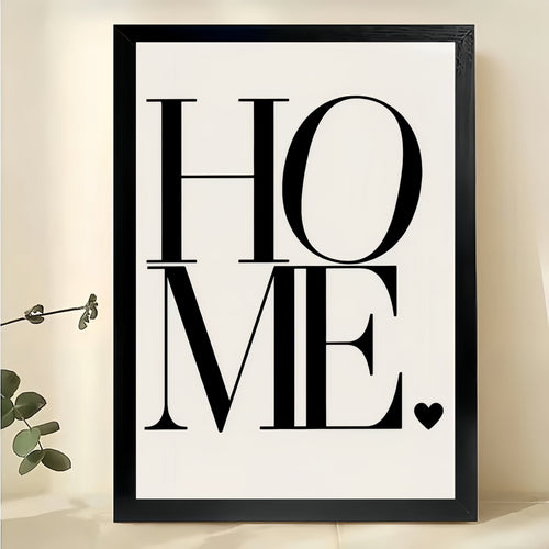HOME Bold Typography – Modern Minimalist Heart Wall Art on Natural Wood Canvas