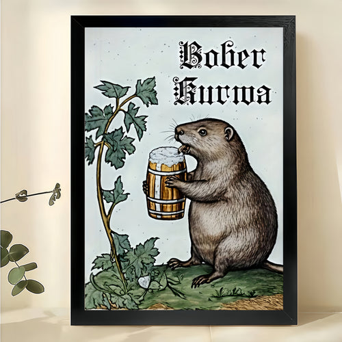 The Beer Beaver Bober Kurwa – Retro Humorous Wall Art on Natural Wood Canvas