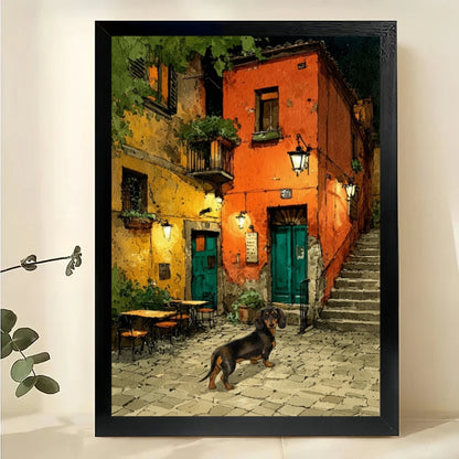 Mediterranean Town Dachshund Wall Art – Warm European Street Landscape Framed Painting